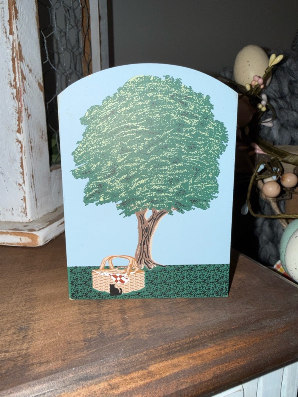 Longaberger Blue & Green Tree and Picnic Basket Wooden Accent